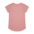 A pink T-shirt with a rounded hem and short sleeves, featuring a branding logo on the back.