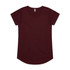 A maroon t-shirt with short sleeves and a rounded neckline, featuring a logo on the label.