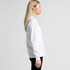 A white long-sleeve tee shirt displayed from the side, featuring a branding logo.
