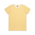 A striped T-shirt featuring white and yellow horizontal stripes, with a crew neckline and short sleeves.