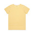 A yellow and white striped t-shirt featuring a crew neck and short sleeves, with a logo on the back.