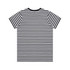 A black and white striped t-shirt featuring a comfortable crew neck design and a logo on the back.