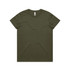 An olive green t-shirt with a crew neck, featuring a small logo on the label.