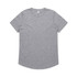 A grey T-shirt with a round neckline and short sleeves, featuring a small logo.