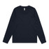 A long-sleeve T-shirt in dark navy blue featuring a simple design and a logo on the label.