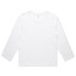 A white long-sleeve t-shirt with a crew neckline and a label inside, featuring a logo on the side.
