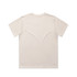 A plain beige t-shirt displayed from the back, featuring a simple design and a label on the inside.