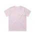 A pale pink t-shirt with a round neckline and short sleeves, featuring a logo on the label.