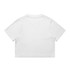 A white cropped t-shirt with short sleeves and a plain back. It features a logo at the back.