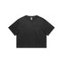 A black heavy faded crop tee with short sleeves and a rounded neckline. The tee features a logo on the label.