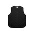 A black quilted vest with a button front and side pockets, featuring a logo on the label.