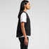 A black quilted vest is displayed on a model, featuring a simple design and sleeveless style.