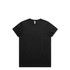 A black T-shirt featuring a simple design and short sleeves. It has a tag at the neckline and includes a logo.