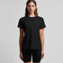 A black T-shirt featuring a simple design, displayed on a model, paired with black shorts. The shirt has a logo.