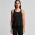 A black racerback tank top featuring a loose fit. The design includes a logo on the garment.