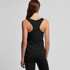 A black racerback top viewed from the back, featuring a logo on the upper back.