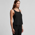A black racerback tank top with a relaxed fit, displayed on a model side-on. The top features a logo.