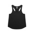 A black racerback tank top with a rounded hem and a logo on the back.