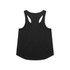 A black racerback tank top with a rounded hemline and a branding logo on the back.