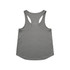 A grey active blend racerback tank top with a curved hem and a logo on the back.