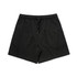 Black sports shorts with an elastic waistband and drawstring, featuring a minimalist design and a logo.