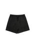 A pair of black sports shorts with an elastic waistband and drawstring, featuring a logo.