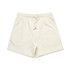 Cream-coloured sports shorts with an elastic waistband and drawstring, featuring a subtle logo.