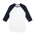 A Raglan Tee featuring a white body and navy sleeves, with a logo on the label.