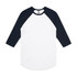 A raglan tee featuring a white body and navy blue sleeves, with a logo on the neckline.