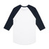 A Raglan Tee with a white body and navy blue three-quarter sleeves, featuring a branding logo.