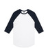 A Raglan Tee featuring a white body with navy blue sleeves. The shirt has a logo on it.