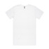 A plain white T-shirt with a crew neck and short sleeves, featuring a branding logo.