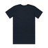 A black T-shirt featuring short sleeves and a round neckline, with a branding logo on the back.