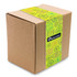 A brown cardboard box wrapped with a vibrant, patterned band featuring various playful designs and a logo.