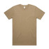 A beige t-shirt with short sleeves and a round neckline, featuring a branding label inside.