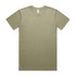 A khaki green t-shirt with short sleeves and a crew neck, featuring a tag and a logo.