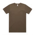 A khaki T-shirt with a round neckline and short sleeves, featuring a logo on the label.