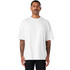 A white oversized tee is worn by a man with tattoos, featuring a simple design and a comfortable fit.