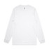 A plain white long-sleeve t-shirt featuring a round neckline and a logo on the label.