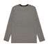 A long-sleeve black and white striped T-shirt featuring a crew neck and a logo.