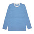 A long-sleeve t-shirt featuring alternating blue and white stripes, with a contrasting white neckline.