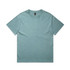 A short-sleeved, faded teal T-shirt with a round neck and a small logo on the label.