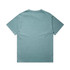 A faded teal T-shirt with short sleeves and a plain back, featuring a logo.