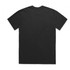 A black heavy faded tee shirt with a plain design and a small logo on the back.