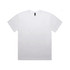A white T-shirt with a standard fit, featuring short sleeves and a logo on the label.
