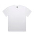 A white t-shirt with a relaxed fit, featuring a logo in the neckline area.