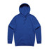 A blue hoodie with a front pocket and a drawstring hood, featuring a logo on the side.