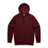 A burgundy hoodie featuring a front pocket and a drawstring hood. The garment has a logo on it.