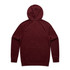 A maroon hoodie featuring a spacious hood and long sleeves, with a logo present on the garment.