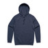 A navy blue hoodie featuring a front pocket and a drawstring hood, with a logo present.